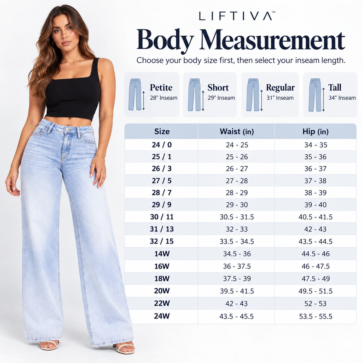 Liftiva BBL jeans body measurement size chart