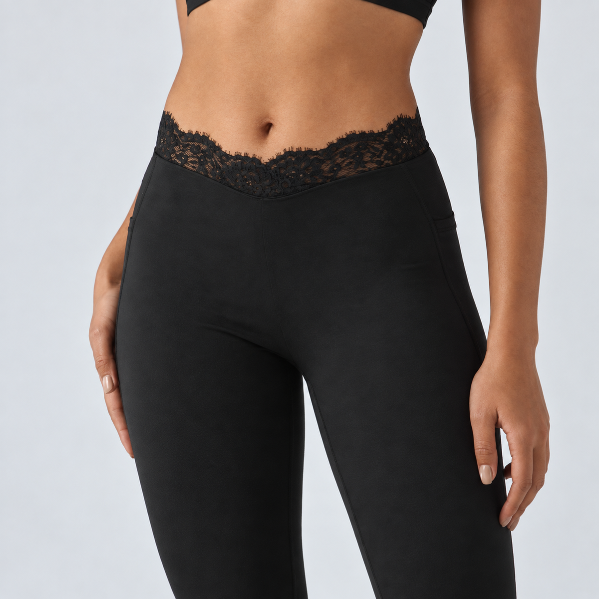 Liftiva LaceContour Flare Pants - Black - V-shaped lace waistband detail