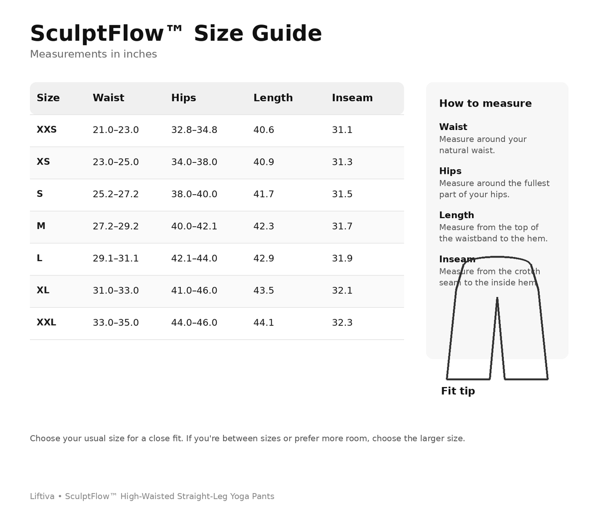 SculptFlow High-Waisted Straight-Leg Yoga Pants size guide in inches
