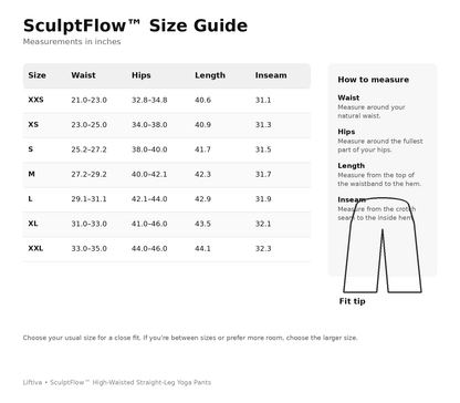 SculptFlow High-Waisted Straight-Leg Yoga Pants size guide in inches